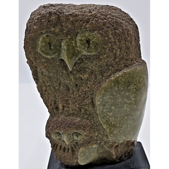 Frank‎ Eliscu signed Olive Green Owl Sculpture and base "Owl Mother And Chick" - Picture 3 of 12